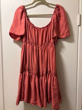 Women's Coral Tiered Puff-Sleeve Mini Dress